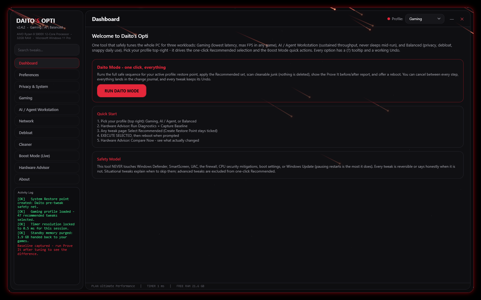 Daito's Opti main window: tweak categories with the red Daito theme